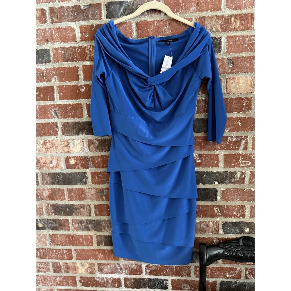 White House Black Market Blue Boat Neck Tiered Cocktail Dress Size 6